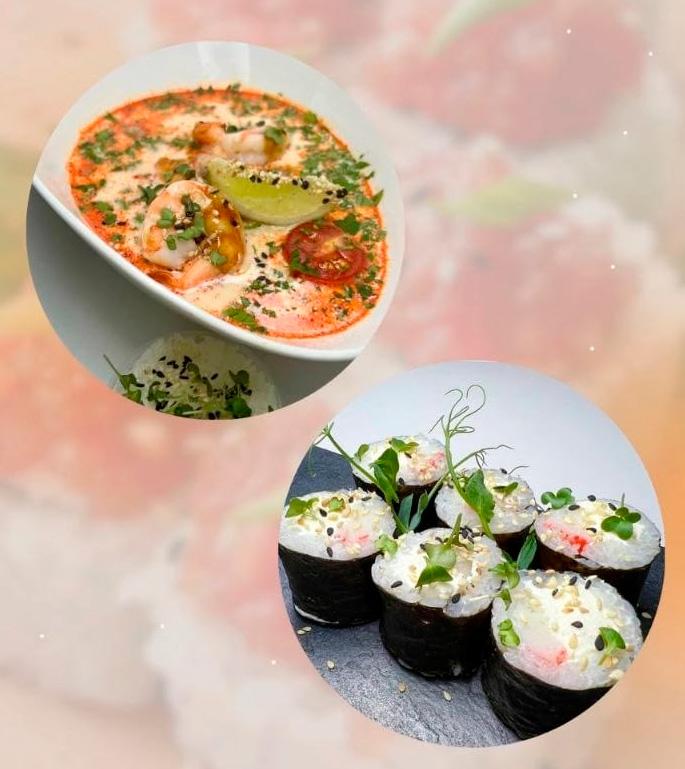 Обед 2: чиз-маки с крабом и том ям с креветками