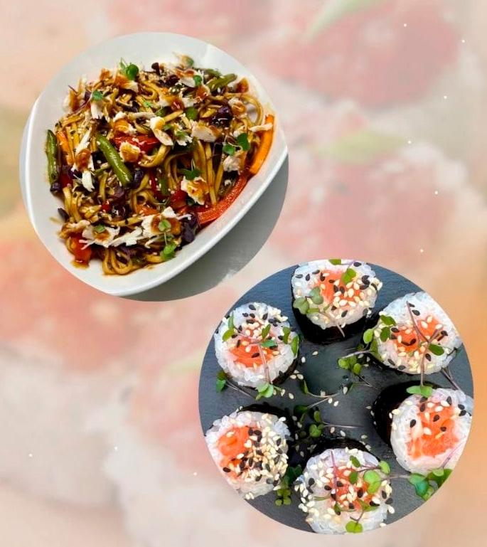 Обед 7: хосомаки с лососем и удон с курицей